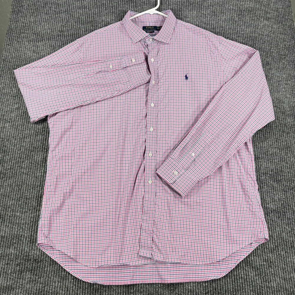 Polo Ralph Lauren Shirt Mens 2XL XXL Pink Blue Check Long Sleeve Performance